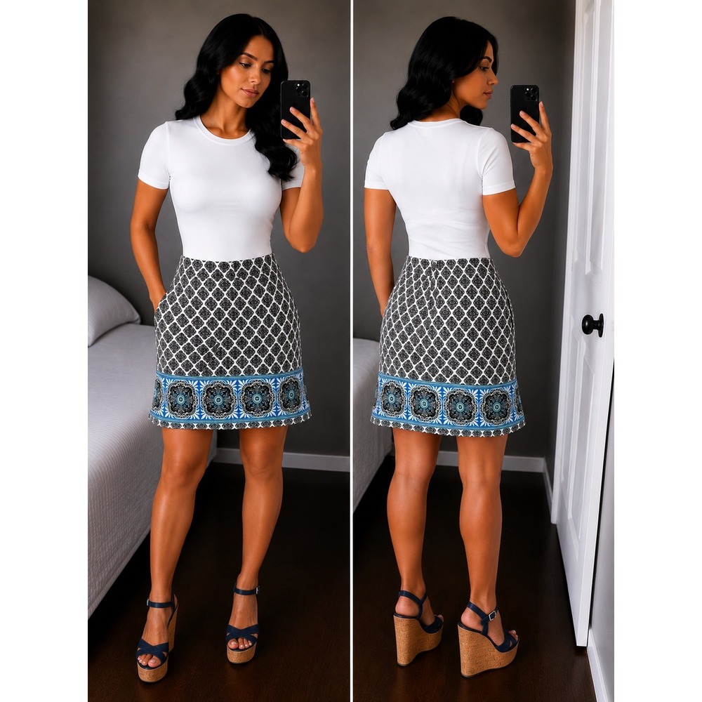 CATO Women XL Black White Teal Abstract Geometric Knee Length Stretch Skirt